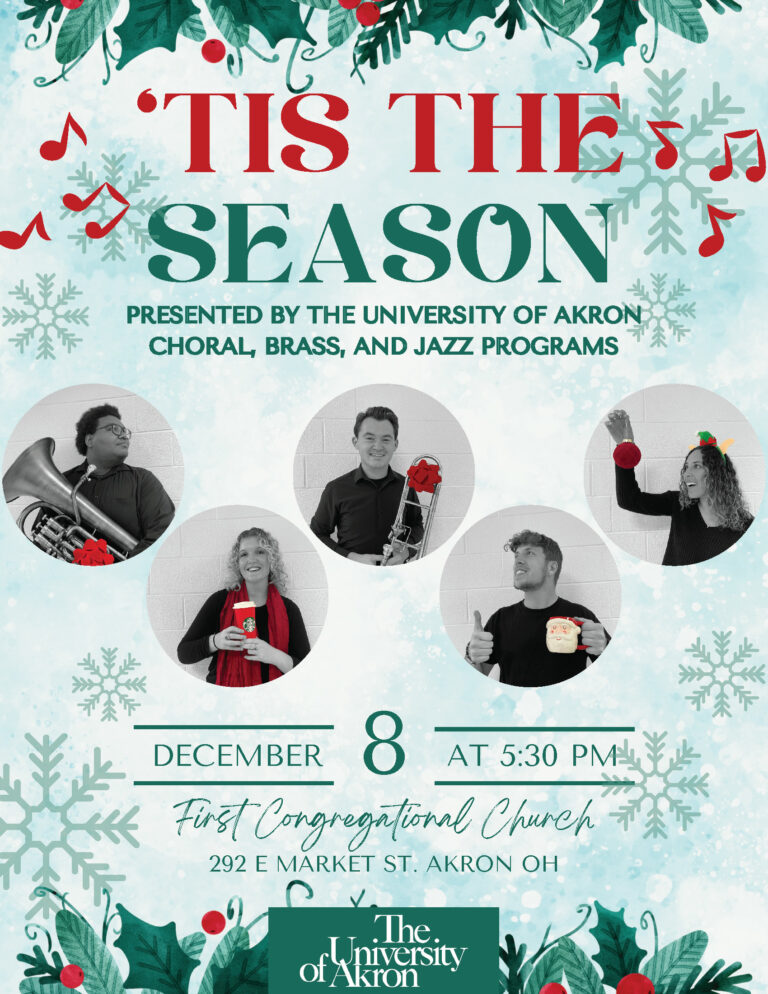Festive graphic featuring four photos of people smiling and holding instruments or Christmas mugs. The graphic reads "'Tis the Season"