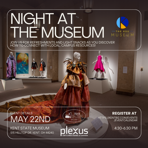 Photo of dresses in a museum. Title of event reads: Night at the Musuem.