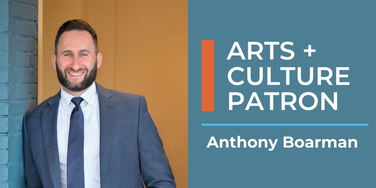 A blue graphic with the picture of a man in a suit, reading Arts + Culture Patron; Anthony Boardman