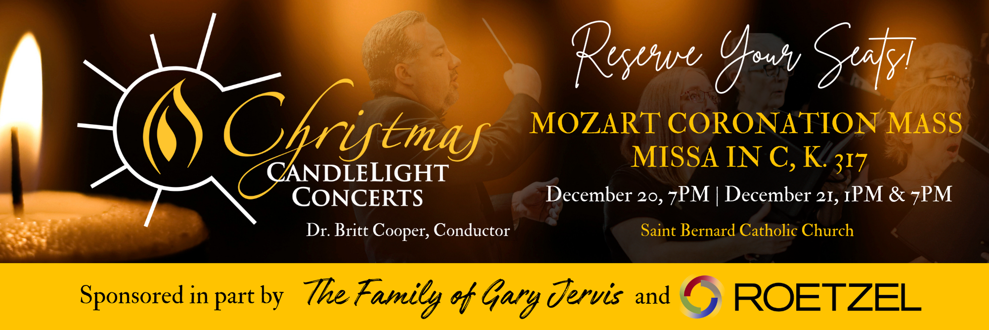 Graphic for "Christmas Candelight Concerts" with a candle and a composer on the graphic.