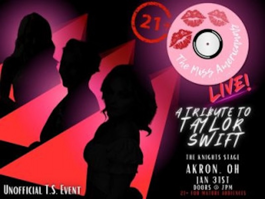A black and red graphic advertising A Tribute to Taylor Swift by The Miss Americanas