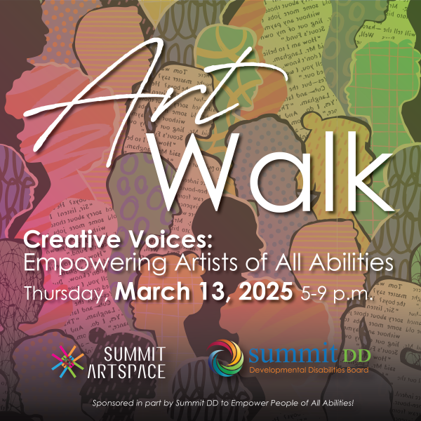 Green and pink graphic that reads "ArtWalk, Creative Voices: Empowering Artists of All Abilities"