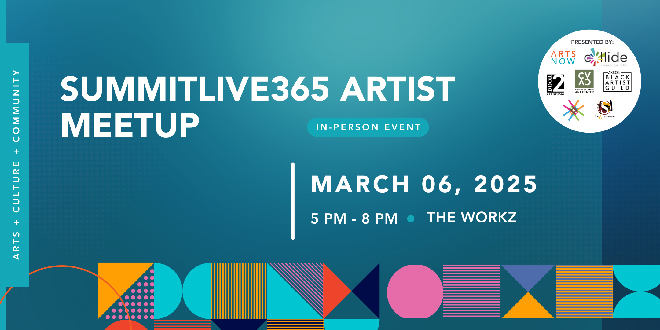 Blue graphic advertising the SummitLive365 Artist Meetup