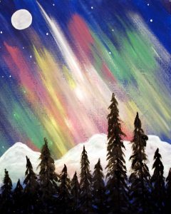 Colorful painting of the northern lights in front of a snowy mountain and trees
