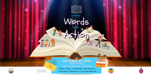 Graphic with people standing on a book with text that reads "Words into Action."