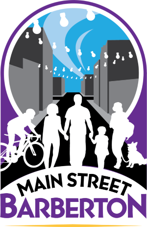 Purple, blue, and grey graphic with illustrations of people walking and riding bikes. 