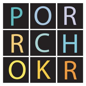 Colorful letters in black boxes that spell out PorchROKR.