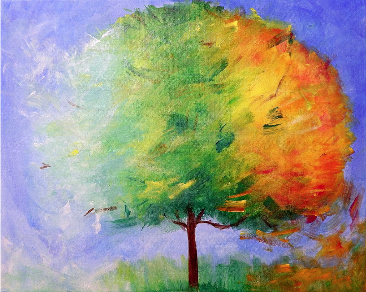 Painting of a tree depicting the four seasons.