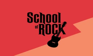 Orange graphic with a black guitar and the text "School of Rock"