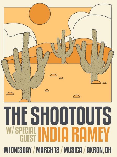 Poster graphic of three cactus that reads "The Shootouts w/ Special Guest India Ramey"