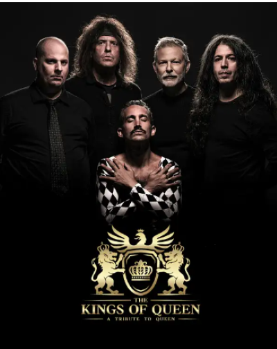 Black photo featuring 5 men in a pose reminiscent of a Queen album cover