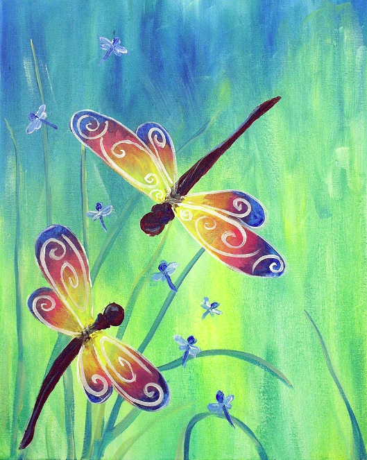 Painting of two dragonflies flying with other small dragonflies.