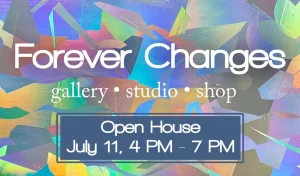Colorful graphic with text announcing a gallery open house