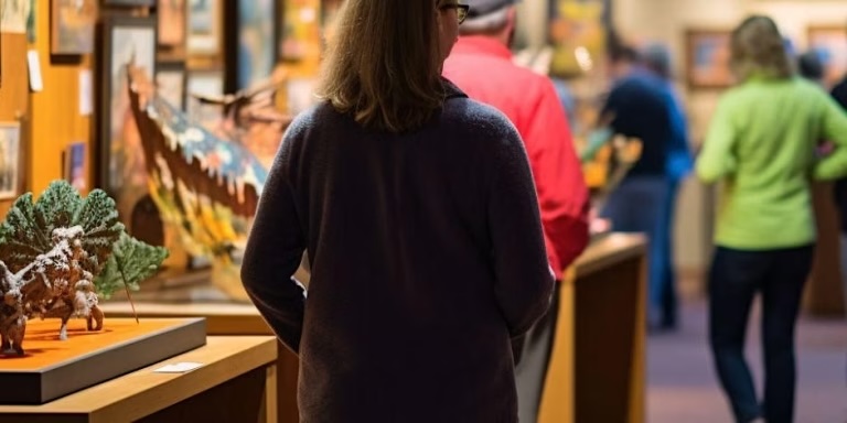 Photo of a person walking around a market.