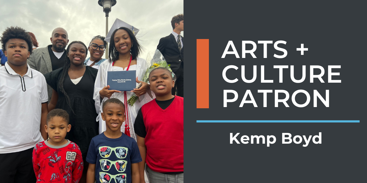 Graphic that reads "Arts and Culture Patron Kemp Boyd" with a photo of a family smiling.