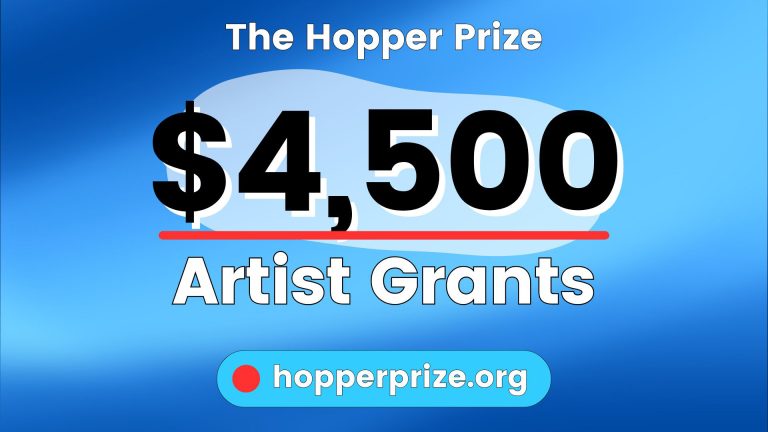Blue graphic announcing artist grant oppoortunities