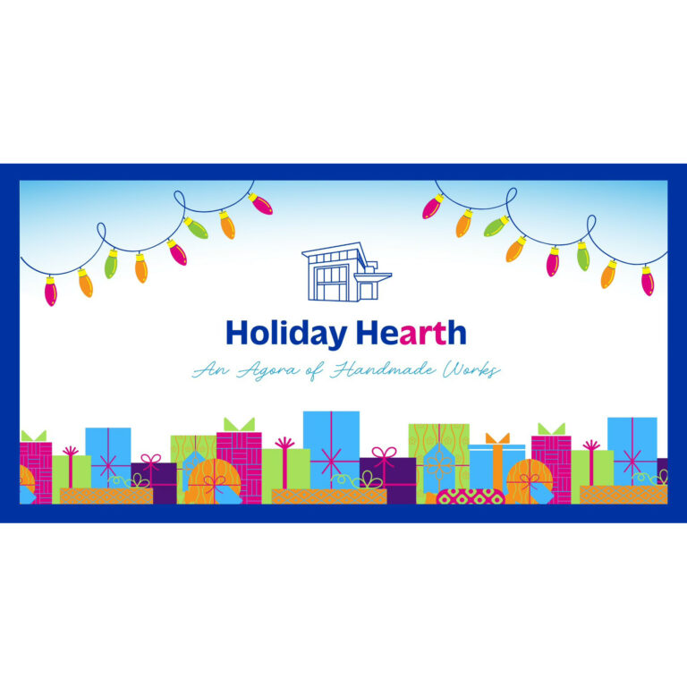 Colorful graphic with holiday lights and colorful presents that reads "Holiday Hearth"