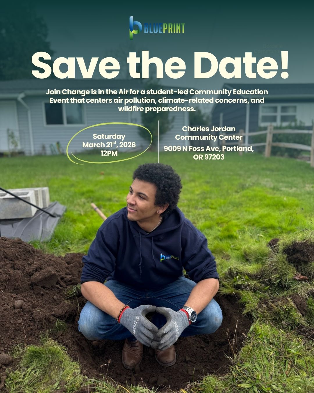 Picture of CAP Student, Miles, squatting in a tree hole, smiling.