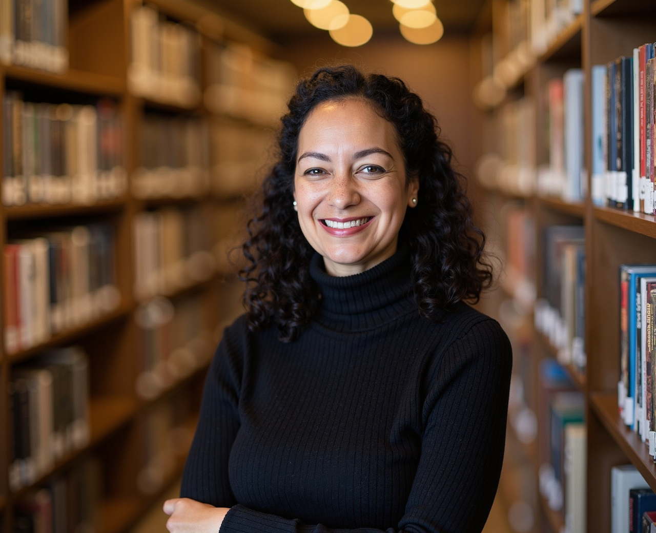 Diana Greenfield, pictured in a black high turtle next in a hall with books.