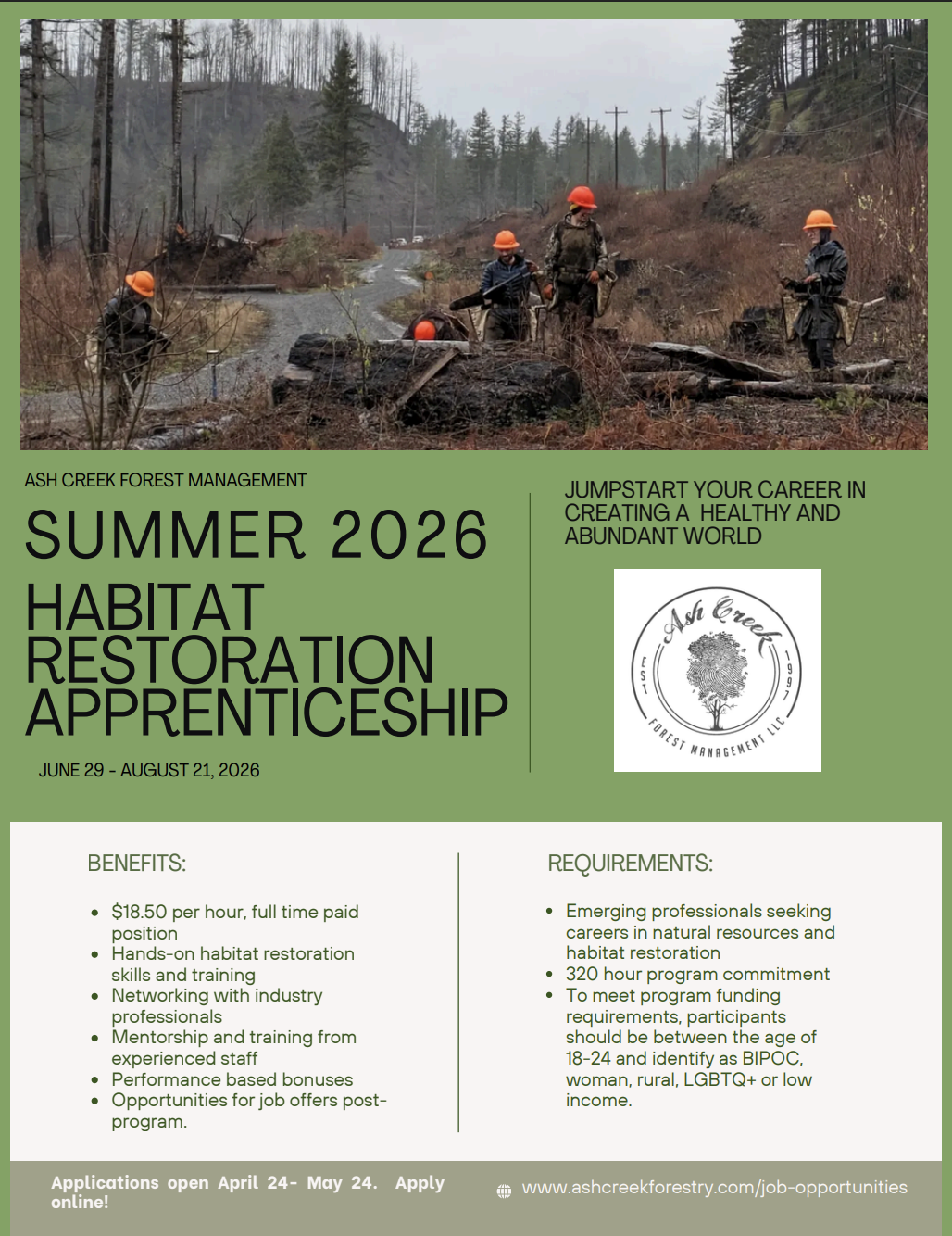 Ash Creek Summer Habitat Restoration Apprenticeship 2026 Poster