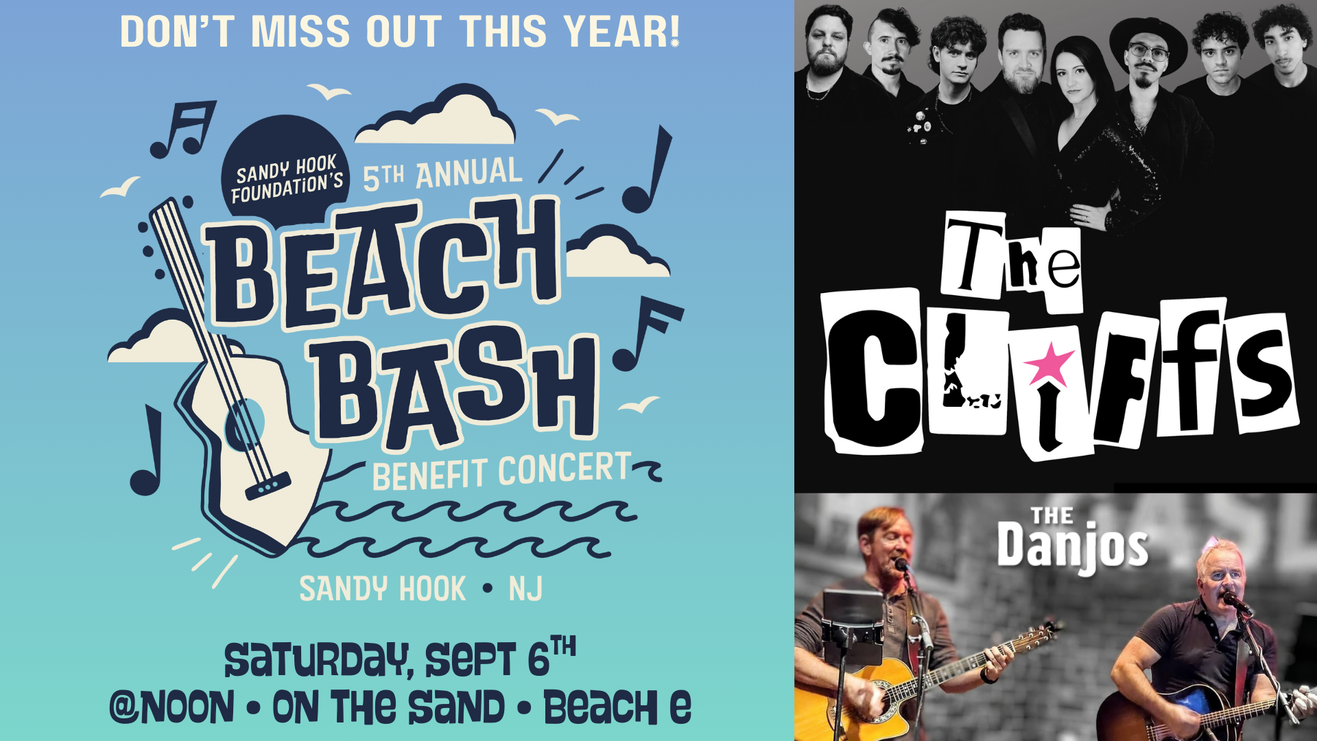 Image with Beach Bash Logo and a picture of the two bands playing at the Beach Bash this year, The Cliffs and The Danjos.
