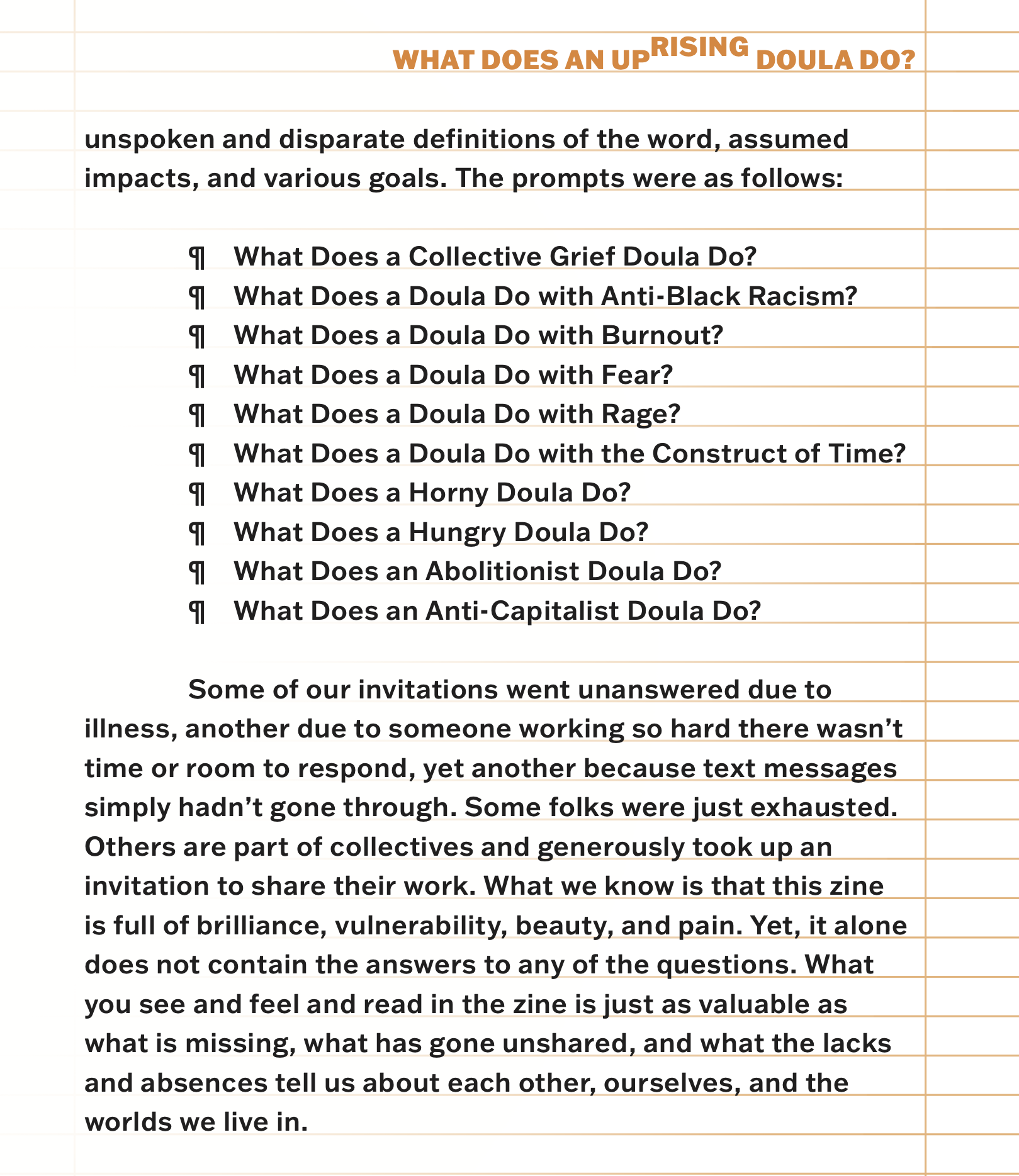Black bold text on a digital rendering of ruled notebook paper with orange lines. 